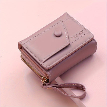 Brown Chic Compact Trifold Wallet for Women - PU Leather Card Holder with Zipper Coin Purse & Wristlet Strap