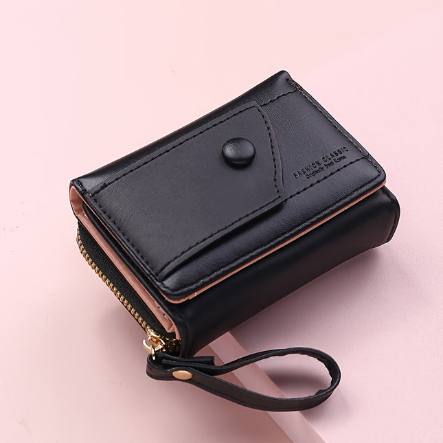 Black Chic Compact Trifold Wallet for Women