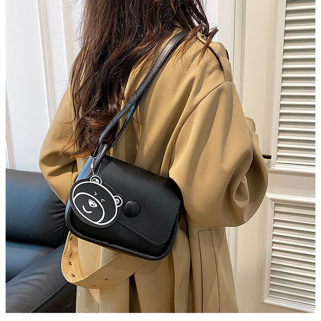 Black Chic PU Leather Crossbody Bag with Cute Bear Charm