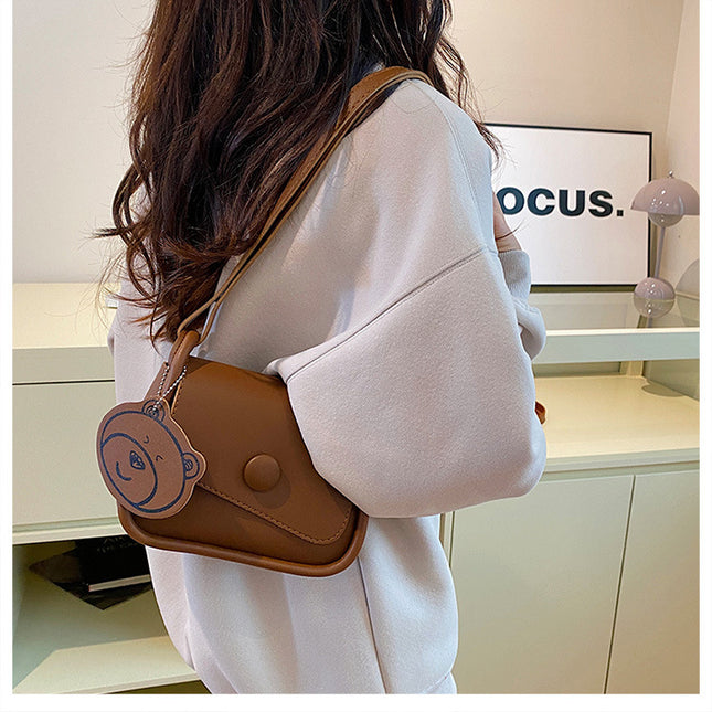 Brown Chic PU Leather Crossbody Bag with Cute Bear Charm
