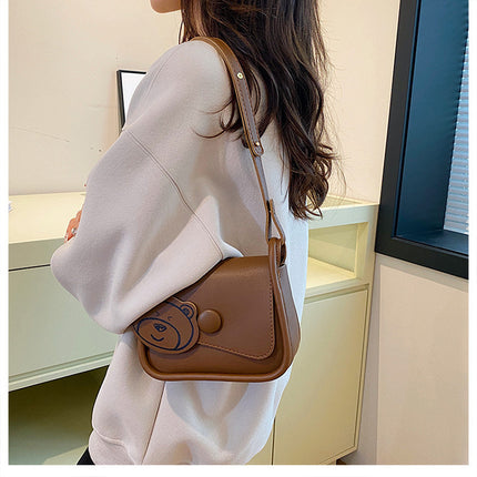 Brown Chic PU Leather Crossbody Bag with Cute Bear Charm - Adjustable Strap Shoulder Purse