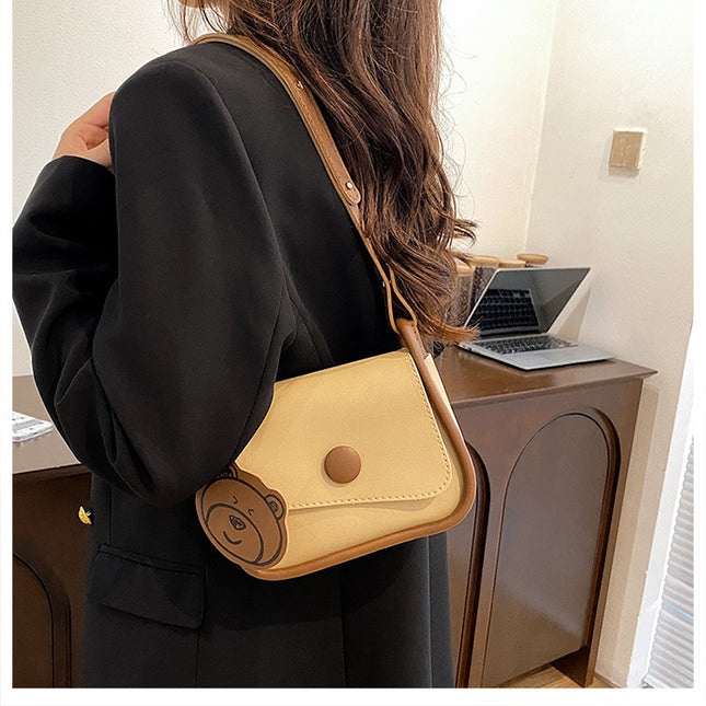 Khaki and Brown Chic PU Leather Crossbody Bag with Cute Bear Charm