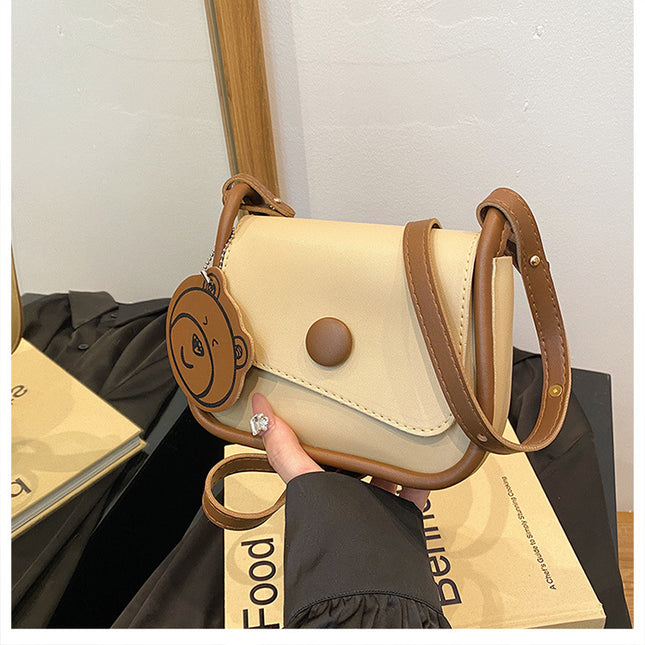 Khaki and Brown Chic PU Leather Crossbody Bag with Cute Bear Charm – product detail