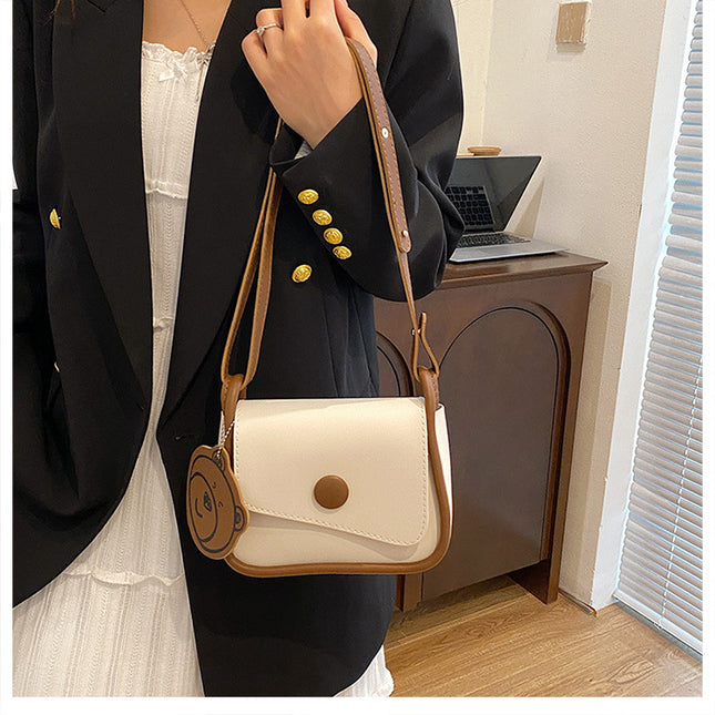 White and Brown Chic PU Leather Crossbody Bag with Cute Bear Charm