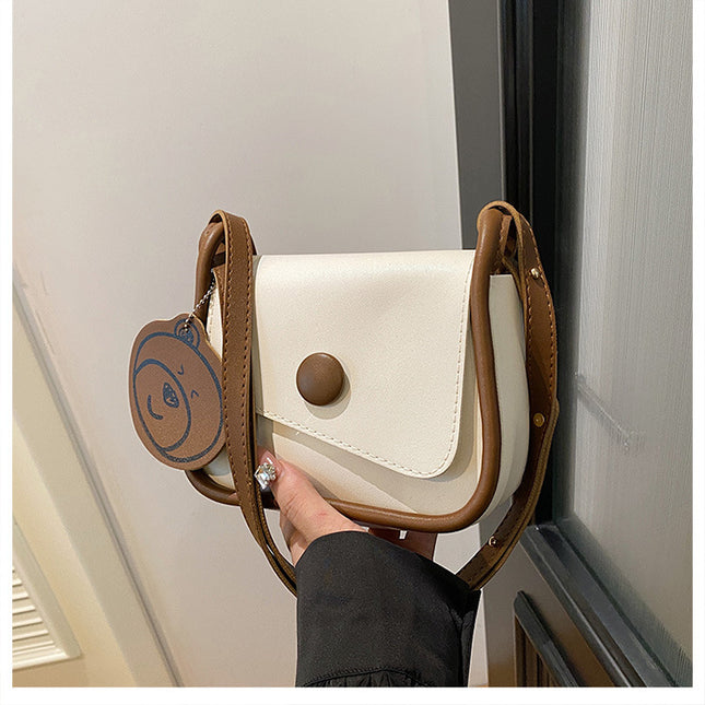 White and Brown Chic PU Leather Crossbody Bag with Cute Bear Charm – product detail