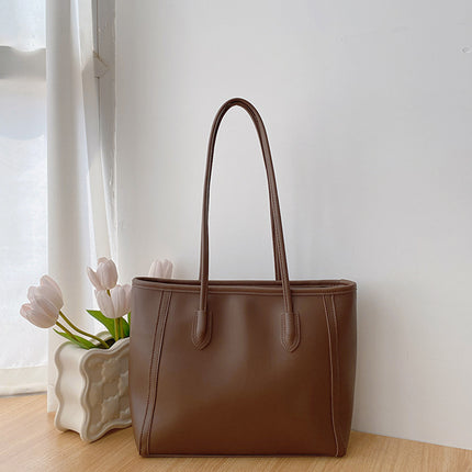 Brown Chic Large Capacity Tote Bag - PU Leather Commuter Shoulder Handbag for Women