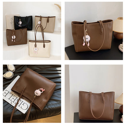 Khaki and Brown Chic Large Capacity Tote Bag - PU Leather Commuter Shoulder Handbag for Women