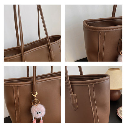 Beige and Brown Chic Large Capacity Tote Bag - PU Leather Commuter Shoulder Handbag for Women