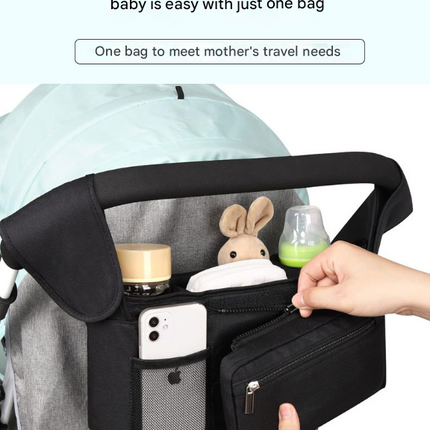 Black Universal Stroller Organiser Caddy with Insulated Cup Holders and Detachable Wristlet