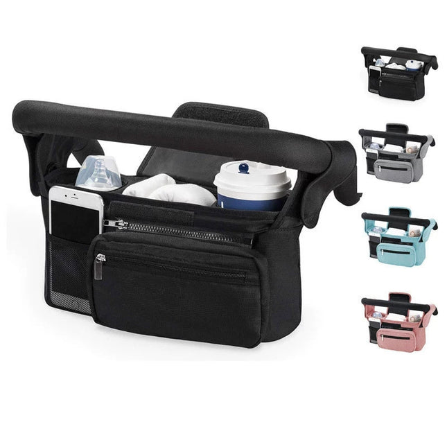 Pink Universal Stroller Organiser Caddy with Insulated Cup Holders and Detachable Wristlet – product detail