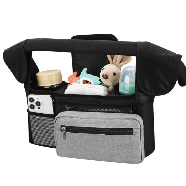Black and Gray Stitching Universal Stroller Organiser Caddy with Insulated Cup Holders and Detachable
