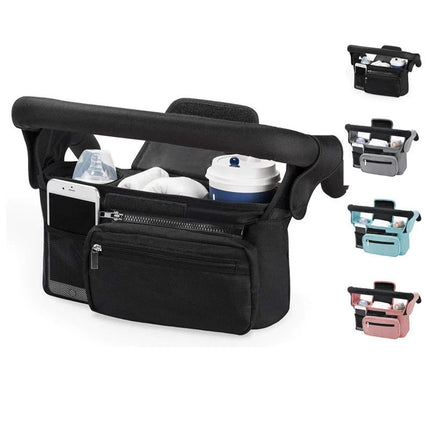 Black and Gray Stitching Universal Stroller Organiser Caddy with Insulated Cup Holders and Detachable Wristlet