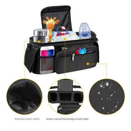 Grey and Black Stitching Universal Stroller Organiser Caddy with Insulated Cup Holders and Detachable Wristlet