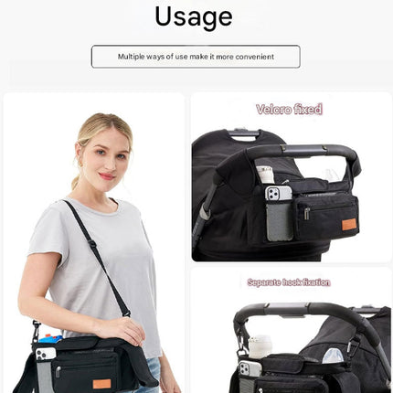 Grey and Black Stitching Universal Stroller Organiser Caddy with Insulated Cup Holders and Detachable Wristlet