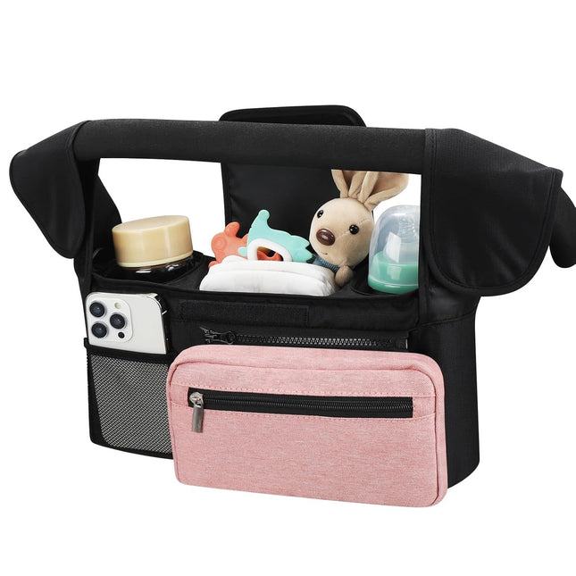 Black and Pink Stitching Universal Stroller Organiser Caddy with Insulated Cup Holders and Detachable