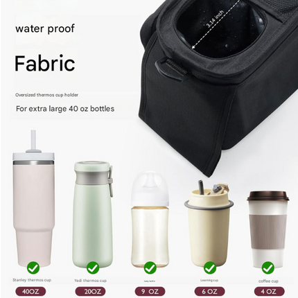 Black and Pink Stitching Universal Stroller Organiser Caddy with Insulated Cup Holders and Detachable Wristlet