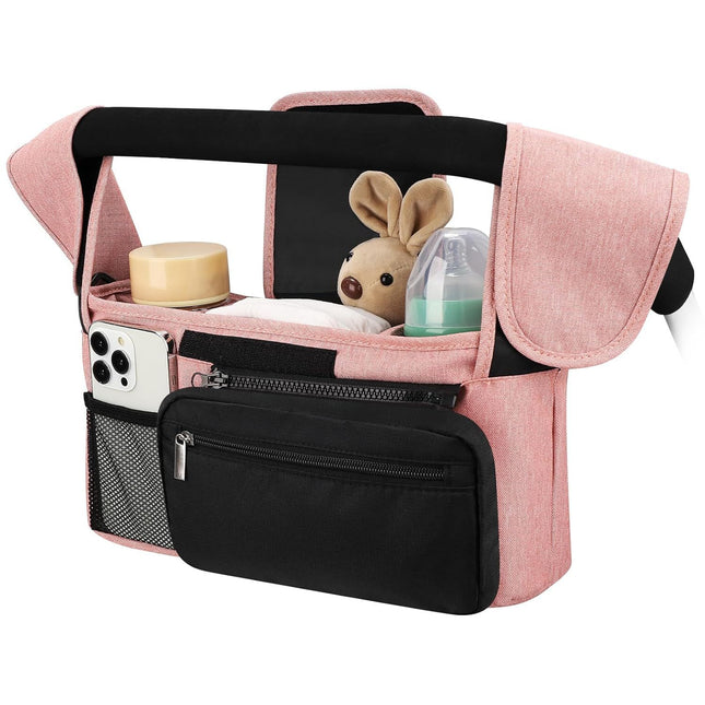 Pink and Black Stitching Universal Stroller Organiser Caddy with Insulated Cup Holders and Detachable