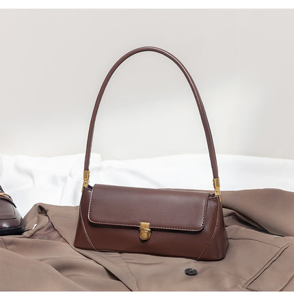 Black Elegant Vintage Baguette Shoulder Bag - Chic PU Leather Underarm Purse with Gold Clasp
