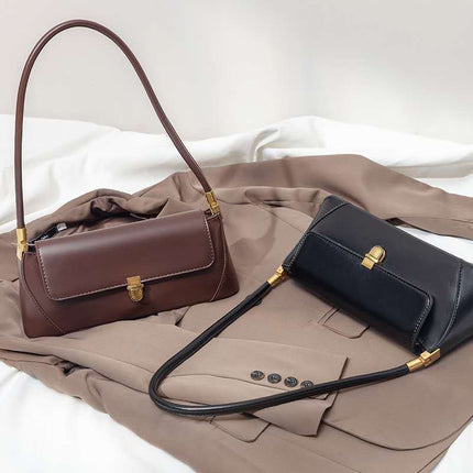 Beige Elegant Vintage Baguette Shoulder Bag - Chic PU Leather Underarm Purse with Gold Clasp