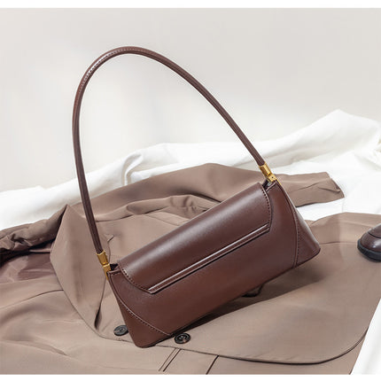 Beige Elegant Vintage Baguette Shoulder Bag - Chic PU Leather Underarm Purse with Gold Clasp
