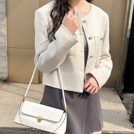 Beige Elegant Vintage Baguette Shoulder Bag - Chic PU Leather Underarm Purse with Gold Clasp