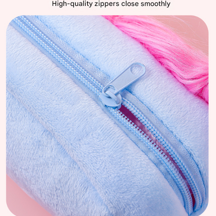 Blue and Pink Hair Cute Plush Monster Pencil Case - Fluffy Stationery Pouch with DIY Styleable Hair for Kids