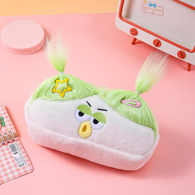 Beige and Light Green Hair Cute Plush Monster Pencil Case