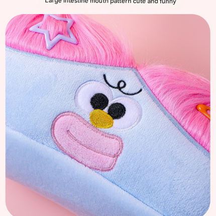 Beige and Light Green Hair Cute Plush Monster Pencil Case - Fluffy Stationery Pouch with DIY Styleable Hair for Kids