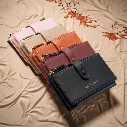 Khaki Compact Bifold Wallet for Women - High Capacity PU Leather Purse with Zipper Coin Pocket