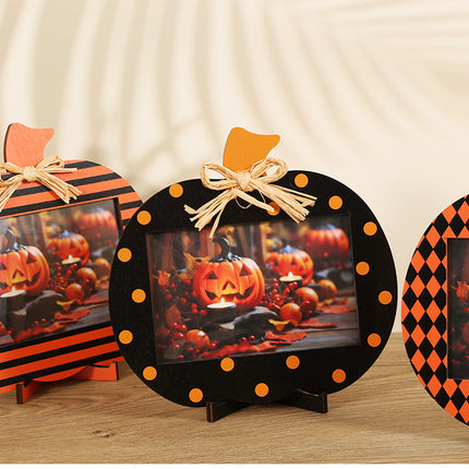 Black and Orange Plaid Pattern Festive Pumpkin Photo Frame - Rustic Halloween Tabletop Picture Holder