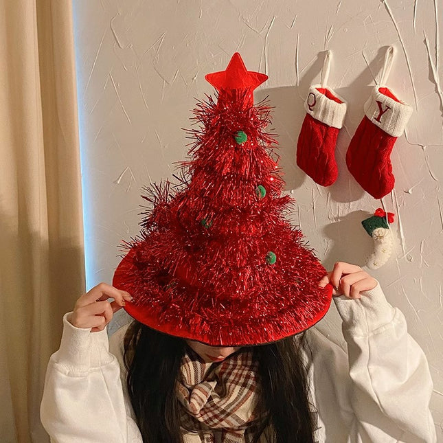 Red Sparkly Tinsel Christmas Tree Hat