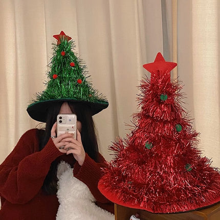 Red Sparkly Tinsel Christmas Tree Hat - Festive Holiday Party Headwear for Adults & Kids