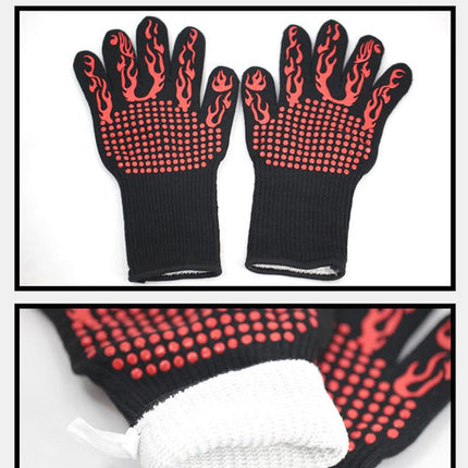 Red Flame Pattern Extreme Heat Resistant BBQ Gloves - 500°C Flame Design Oven Gloves with Non-Slip Silicone Grip