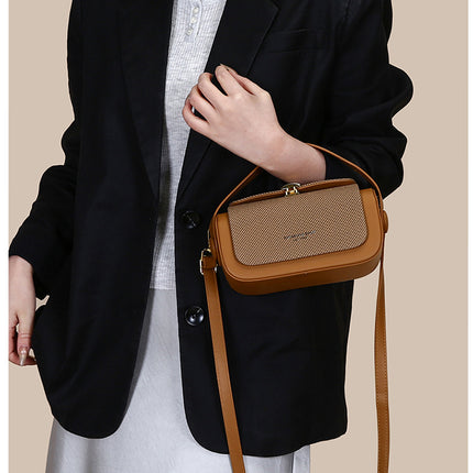 Brown Elegant Top Handle Crossbody Bag - Structured PU Leather Box Purse for Women