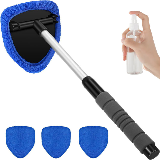 Blue Car Windshield Cleaner Tool Inside with 4 Reusable and Washable Microfiber Pads and Extendable Handle
