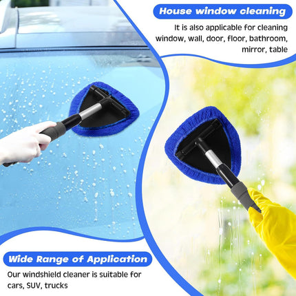 Blue Car Windshield Cleaner Tool Inside with 4 Reusable and Washable Microfiber Pads and Extendable Handle – product features