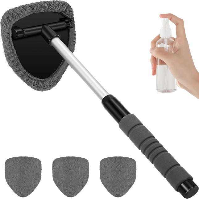 Black Car Windshield Cleaner Tool Inside with 4 Reusable and Washable Microfiber Pads and Extendable Handle