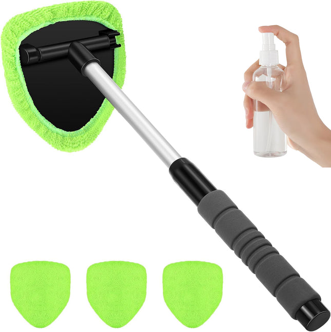 Green Car Windshield Cleaner Tool Inside with 4 Reusable and Washable Microfiber Pads and Extendable Handle