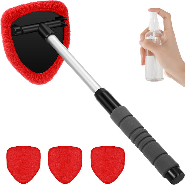 Red Car Windshield Cleaner Tool Inside with 4 Reusable and Washable Microfiber Pads and Extendable Handle