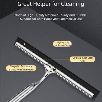 Silver Premium Stainless Steel Shower Squeegee with Adhesive Hook Holder - Streak-Free Blade for Glass Doors, Windows & Mirrors