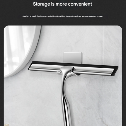 Silver Premium Stainless Steel Shower Squeegee with Adhesive Hook Holder - Streak-Free Blade for Glass Doors, Windows & Mirrors