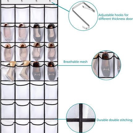 Black Over the Door Shoe Organizer with 24 Mesh Pockets - Space Saving Hanging Storage for Shoes, Accessories, Pantry