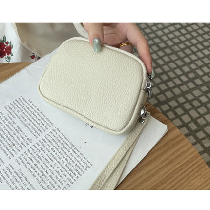 Beige Women's Mini Genuine Leather Coin Purse Double Zipper Organiser Multi-function Wristlet Wallet