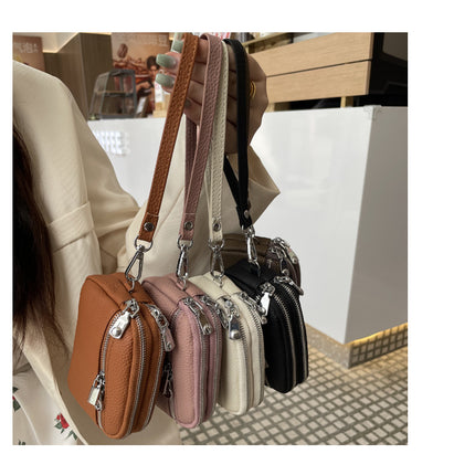 Dark Pink Women's Mini Genuine Leather Coin Purse Double Zipper Organiser Multi-function Wristlet Wallet
