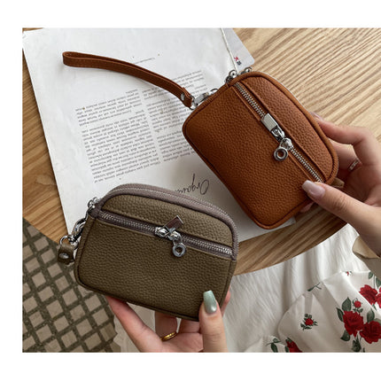 Dark Pink Women's Mini Genuine Leather Coin Purse Double Zipper Organiser Multi-function Wristlet Wallet