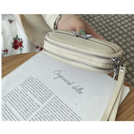 Red Women's Mini Genuine Leather Coin Purse Double Zipper Organiser Multi-function Wristlet Wallet