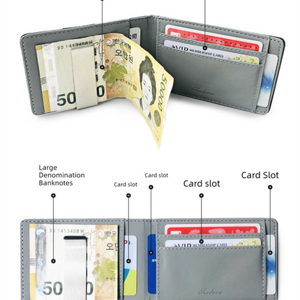 Brown Men's Slim Bifold Money Clip Wallet - Saffiano Texture PU Leather with Stainless Steel Cash Clamp - Minimalist Front Pocket Card Holder