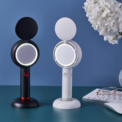 Black 2-in-1 Handheld Fan with LED Makeup Mirror - Portable USB Rechargeable Beauty Light Fan with Desktop Base - 3 Speed Quiet Airflow for Travel & Summer