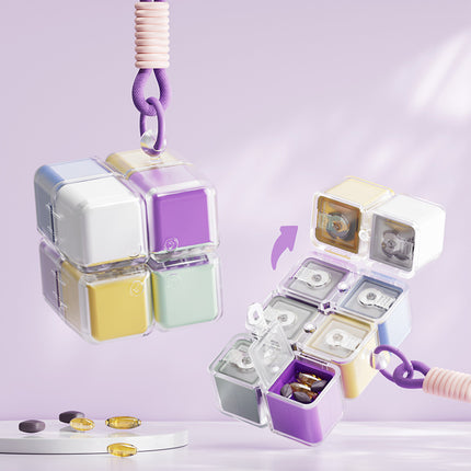 Colorful Portable Magnetic Cube Pill Organiser - 8 Compartment Weekly Medicine Travel Case with Lanyard - Detachable Washable PP+PC Storage