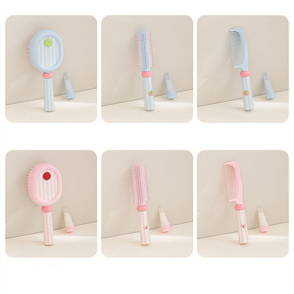 Pink 3-Piece Aesthetic Hair Brush Set - Detangling Air Cushion & Volumising Roller Comb with Hidden Cleaning Claw - Scalp Massage Styling Kit